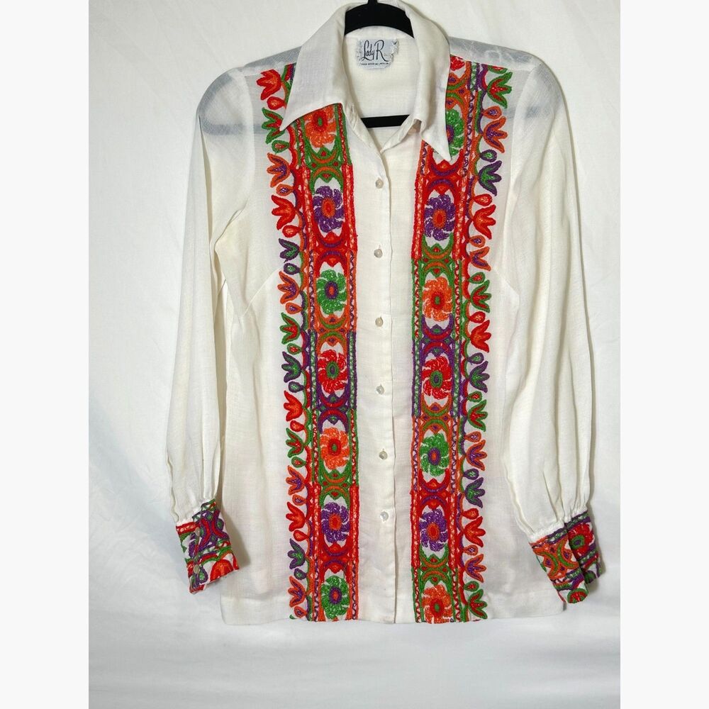 Lady R Vintage Women's Rodeo Guayabera Button Up Shirt Size M Pearl Tone Buttons